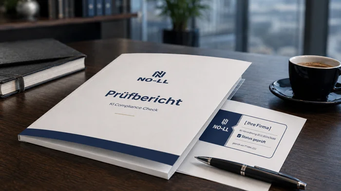 NO‑LL Prüfbericht des KI‑Compliance Checks mit Unternehmens-Prüfzeichen ‚Status geprüft‘