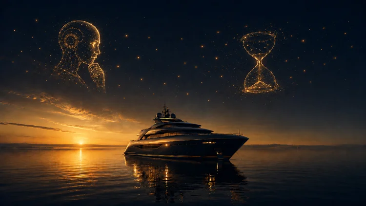 NO-LL · Künstliche Intelligenz als Zeitgewinn – Yacht in der goldenen Stunde mit goldenem KI-Konstellationsnetz